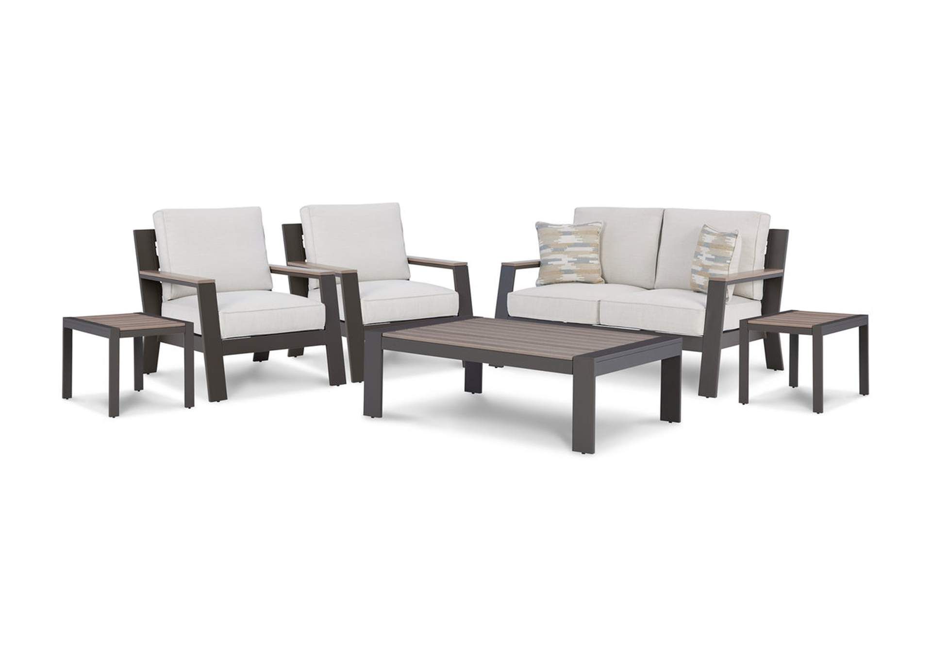 Trendy Outdoor 2 Arm Chairs And Coffee Table Within Tropicava Outdoor Loveseat And 2 Lounge Chairs With Coffee Table And 2 End  Tables Ivan Smith Furniture (View 6 of 15)