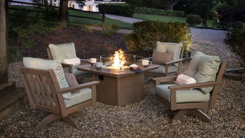 Vineyard 5 Piece Deep Seating Swivel Conversation Set With Fire Pit Table –  Seats 4 Pws499 2polywood Inside Well Liked 5 Piece Patio Conversation Set (Photo 5 of 16)