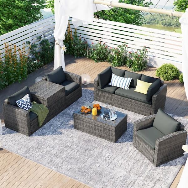 Waelph Brown 7 Piece Wicker Outdoor Patio Sectional Set With Gray Cushions,  Chairs A Loveseat, Table And Storage Box Gz Wy000216eaa – The Home Depot With Regard To Popular Cushioned Chair Loveseat Tables (View 7 of 15)
