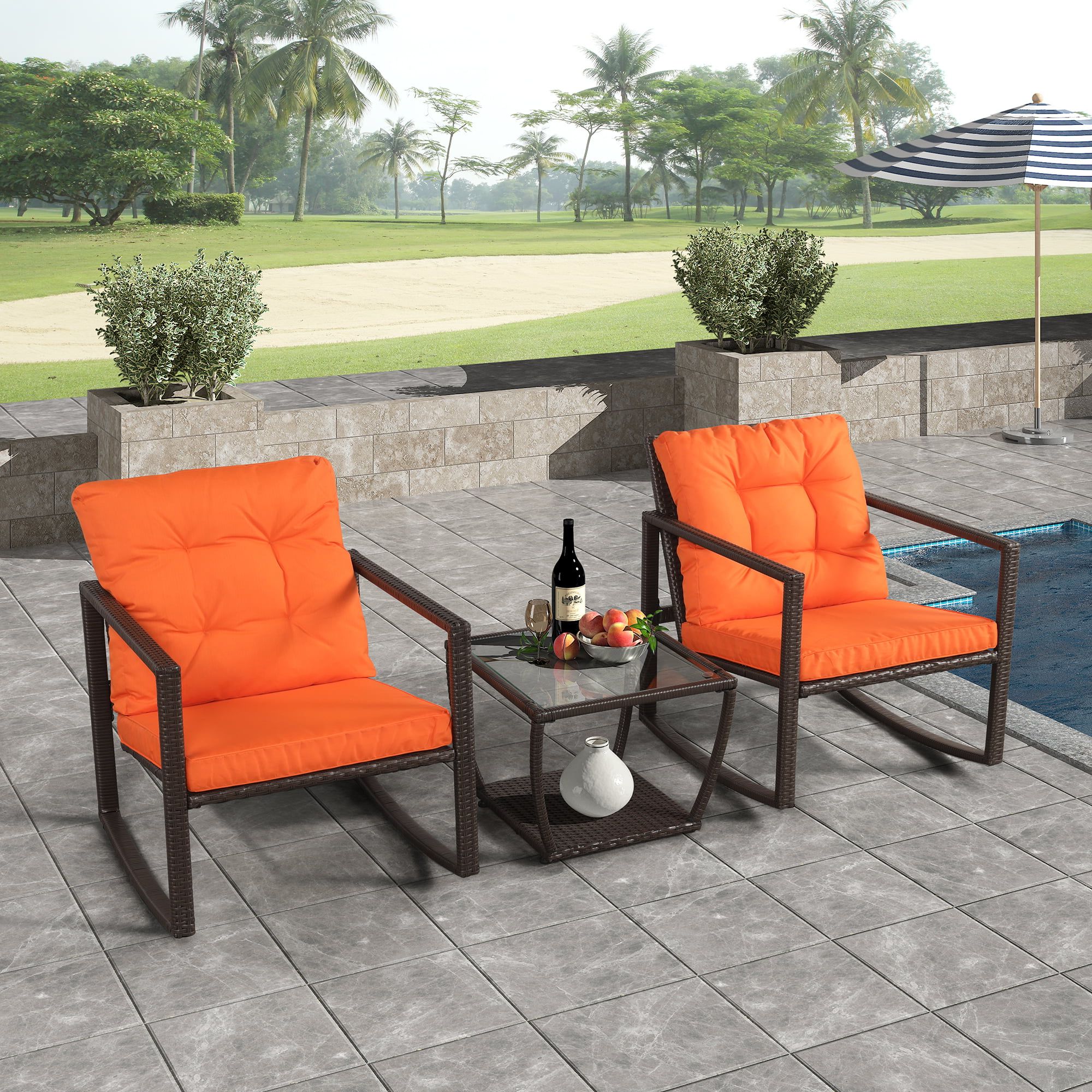Well Known 3 Piece Cushion Rocking Chair Set Intended For Outdoor Rocking Chair 3 Piece Patio Set, Wicker Outdoor Patio Furniture  With Rocking Chair And Table, Patio Rocking Chair For Outdoor Garden,  All Weather Rocking Lounge Chair, Orange Cushion, W10688 – Walmart (View 12 of 15)