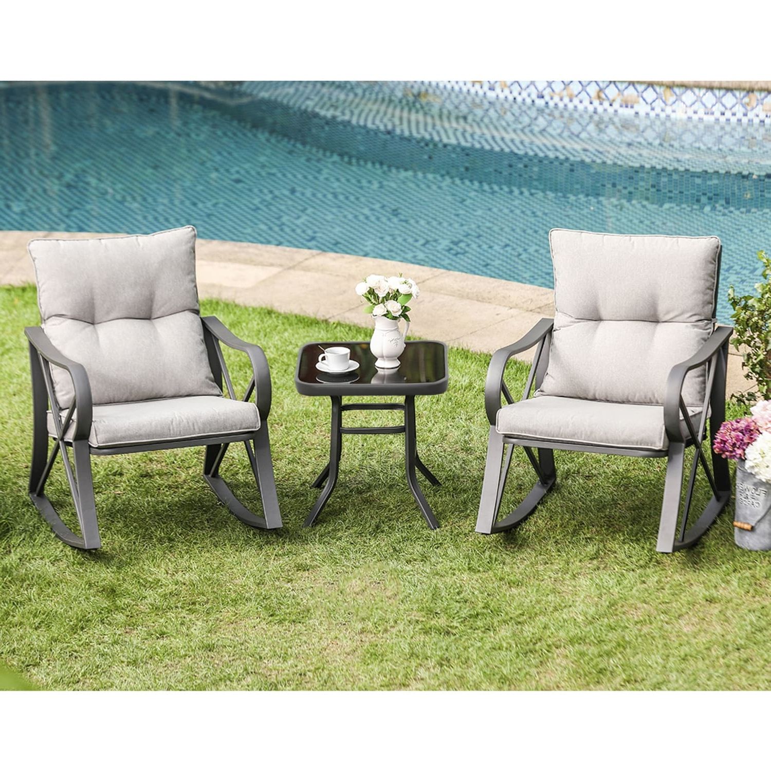 Well Known 3 Piece Cushion Rocking Chair Set Throughout Cosiest 3 Piece Outdoor Rocking Chair Chat Set With Side Table – On Sale –  Overstock –  (View 9 of 15)