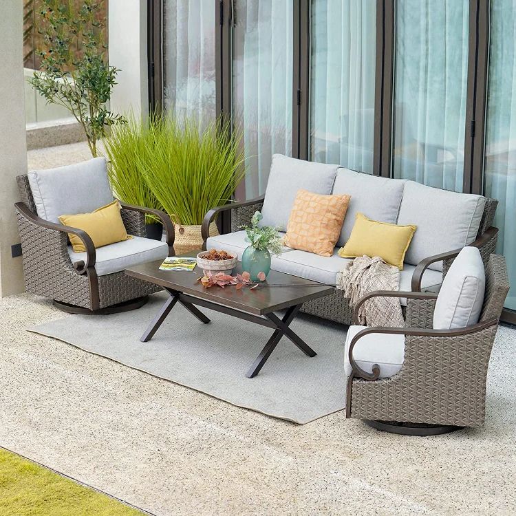 Well Known 4 Piece Outdoor Conversation Set, Swivel Rocking Chairs, Coffee Table, Patio  Wicker Furniture Steel, Resin Wicker, Ponce Harbor Dark Brown In 4 Piece Outdoor Wicker Seating Set In Brown (View 12 of 15)