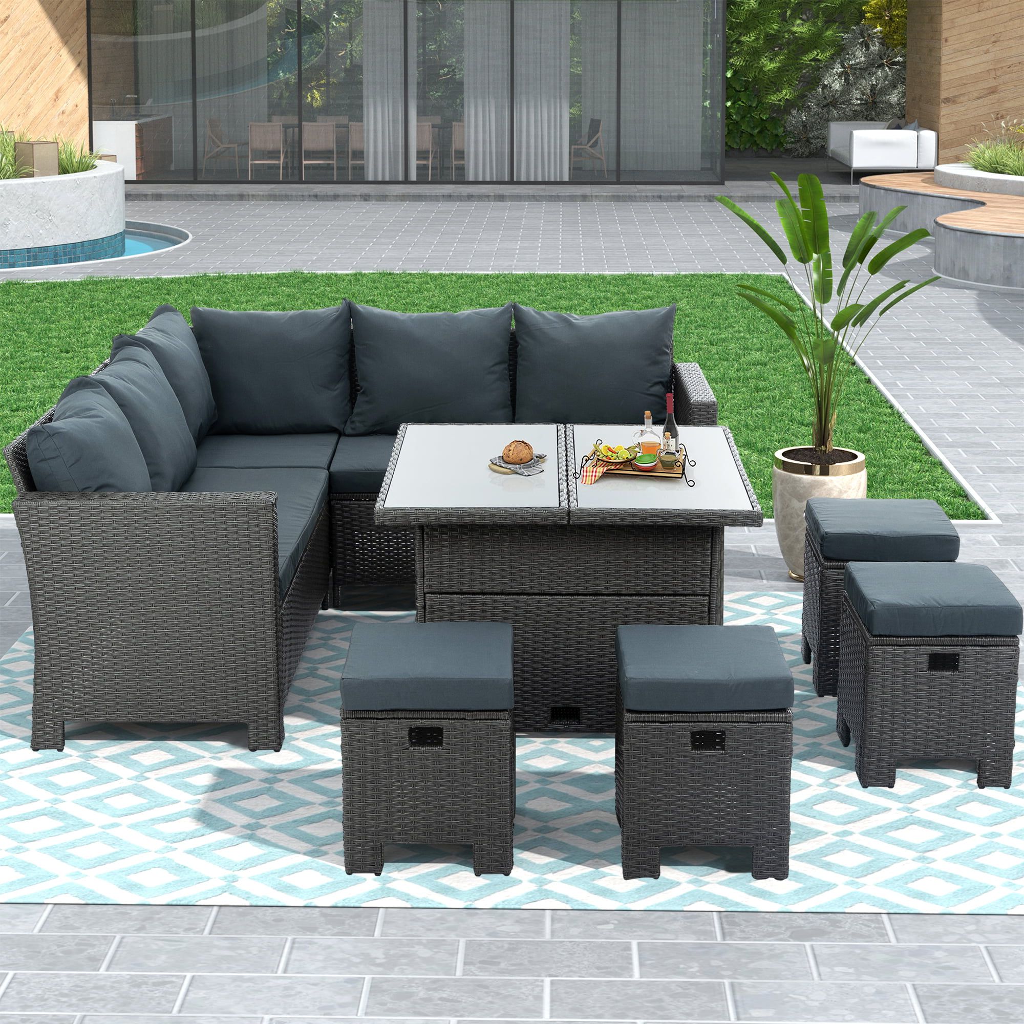 Well Known 8 Piece Patio Rattan Outdoor Furniture Set With Highsound Patio Furniture Set, 8 Piece Rattan Wicker Conversation Set,  Outdoor Sectional Sofa With Table And Ottoman, Gray – Walmart (View 2 of 15)