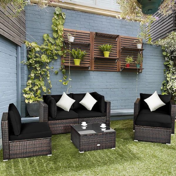 Well Known Costway Patio Rattan Furniture Set Cushion Sofa Coffee Table With Black  Cushions Hw63877bk+ – The Home Depot Throughout Cushions & Coffee Table Furniture Couch Set (View 4 of 15)