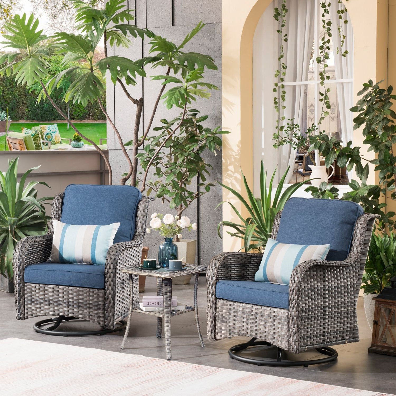 Well Known Ovios 3 Piece Rattan Wicker Rocking Swivel Chair Set – On Sale – – 34148533 Pertaining To Rocking Chairs Wicker Patio Furniture Set (Photo 2 of 15)