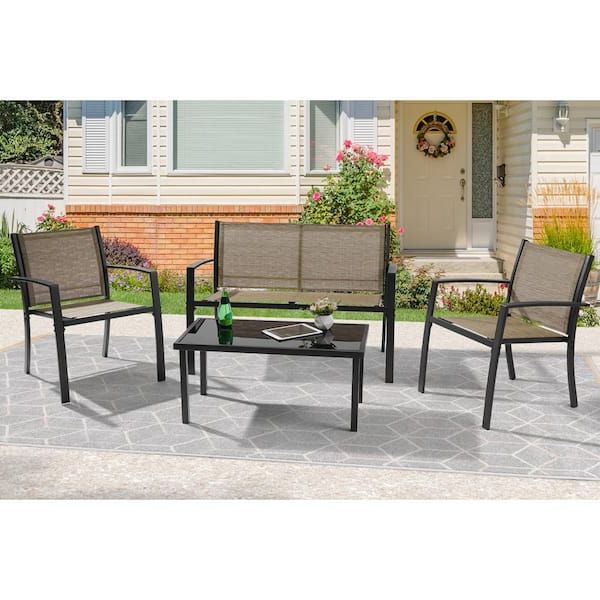 Well Known Sonkuki 4 Piece All Weather Rust Resistant Metal And Textilene Patio  Conversation Sets In Taupe R Lin 3700tp – The Home Depot In Textilene Bistro Set Modern Conversation Set (View 13 of 15)