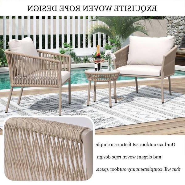 Well Liked Anvil Beige 3 Piece Simple Woven Rope Metal Outdoor Bistro Set Round Table  Armchair Patio Conversation Set With Beige Cushion Ec Wf301555aaa – The  Home Depot Within Woven Rope Outdoor 3 Piece Conversation Set (Photo 12 of 15)