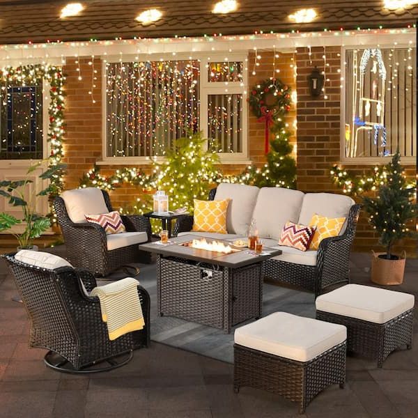 Well Liked Balcony Furniture Set With Beige Cushions Regarding Ovios Joyoung Brown 7 Piece Wicker Patio Rectangle Fire Pit Conversation Set  With Beige Cushions And Swivel Chairs Cfpntc606r – The Home Depot (Photo 9 of 15)