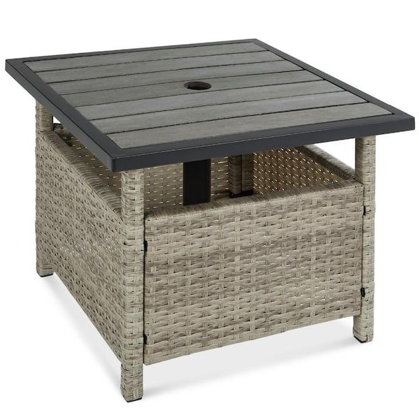 Well Liked Best Choice Products Gray Wicker Rattan Patio Side Table Outdoor Furniture  For Garden, Pool, Deck With Umbrella Hole Sky6073 – The Home Depot Throughout Storage Table For Backyard, Garden, Porch (View 12 of 15)