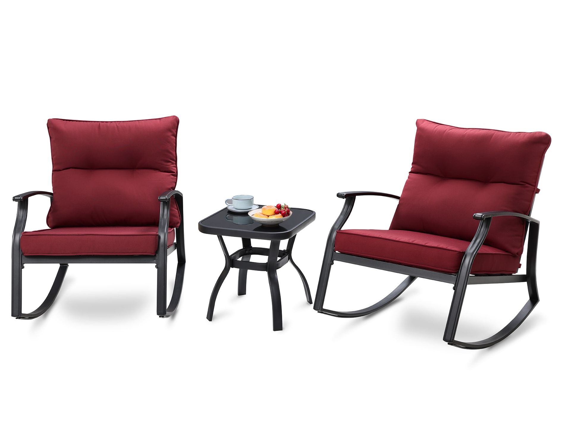 Well Liked Clihome Patio Rocking Chair 3 Piece Patio Conversation Set With Red Cushions  In The Patio Conversation Sets Department At Lowes For 3 Piece Cushion Rocking Chair Set (View 6 of 15)