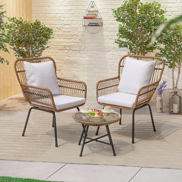 Well Liked Foredawn Boho 3 Piece Handwaven Wicker Patio Conversation Set With Round  Table And Off White Cushion Pcs013082 – The Home Depot With 3 Piece Outdoor Boho Wicker Chat Set (View 10 of 15)