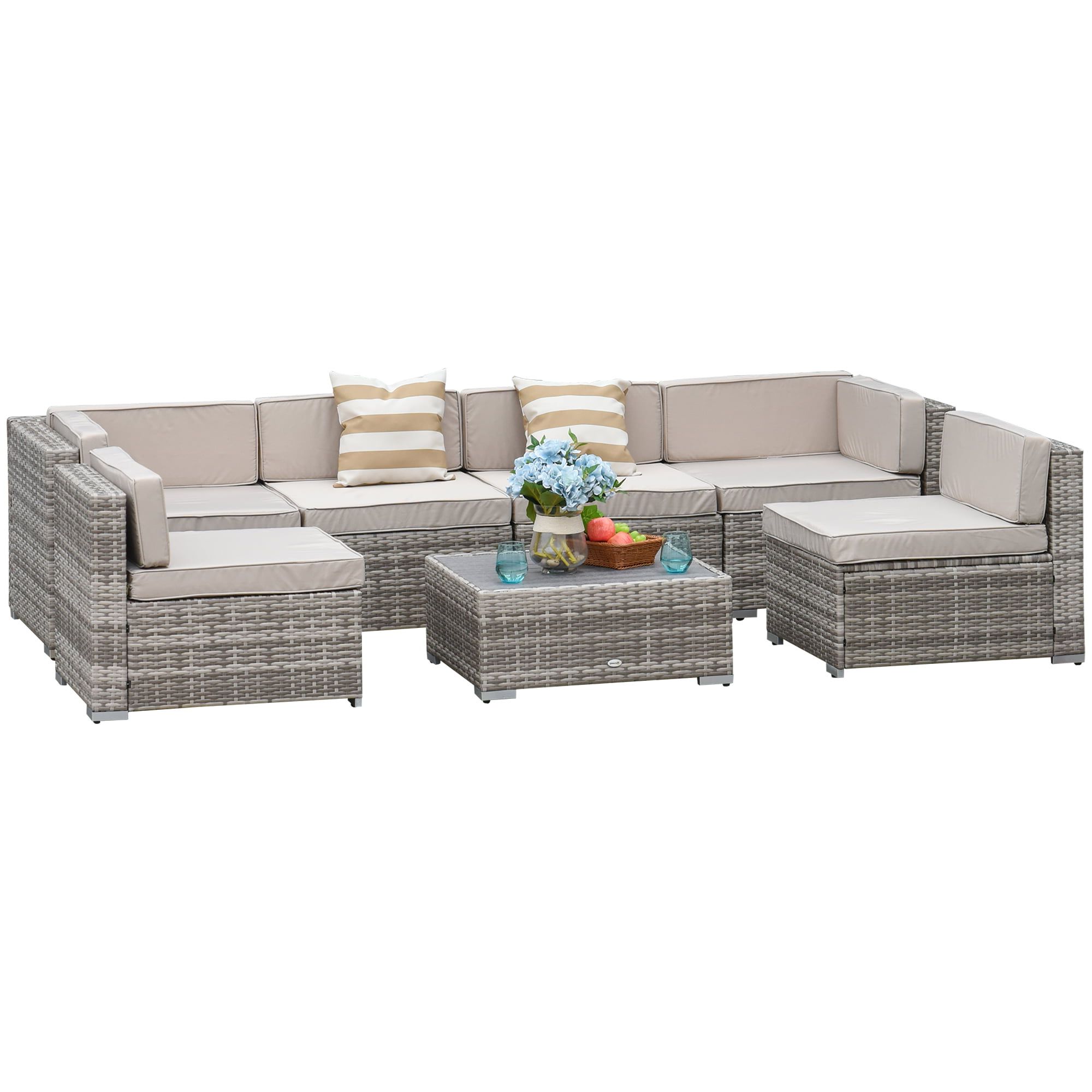 Well Liked Outdoor Couch Cushions, Throw Pillows And Slat Coffee Table In Outsunny 7 Piece Outdoor Patio Furniture Set, Pe Rattan Wicker Sectional  Sofa Patio Conversation Sets With Couch Cushions, Throw Pillows And Slat  Coffee Table, Stripe, Beige – Walmart (Photo 3 of 15)