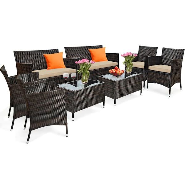 Well Liked Outdoor Cushioned Chair Loveseat Tables Within Gymax 8 Piece Rattan Patio Outdoor Furniture Set With Cushioned Chair  Loveseat Table With Brown Cushions Gymhd0020 – The Home Depot (Photo 1 of 15)