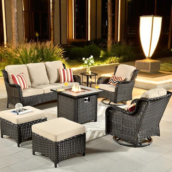 Well Liked Ovios New Kenard Brown 7 Piece Wicker Patio Fire Pit Conversation Set With Beige  Cushions And Swivel Rocking Chairs Fpntc606r – The Home Depot Regarding Balcony Furniture Set With Beige Cushions (View 3 of 15)