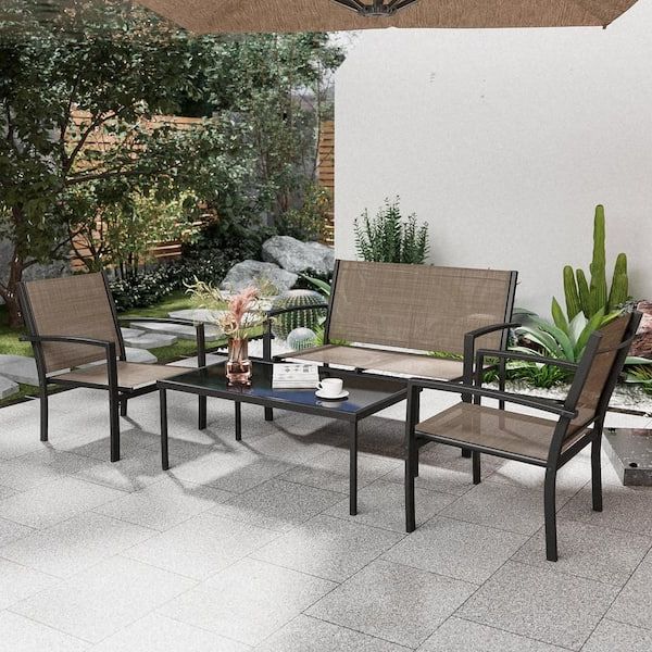 Well Liked Textilene Bistro Set Modern Conversation Set In Tozey Brown 4 Piece Metal Outdoor Bistro Set Patio Conversation Set Glass  Coffee Table T Lct901d8 – The Home Depot (Photo 3 of 15)