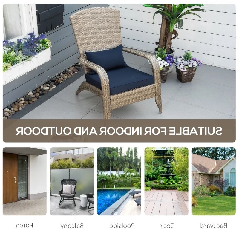 Widely Used Balcony And Deck With Soft Cushions With Outsunny Patio Adirondack Chair With All Weather Rattan Wicker, Soft  Cushions, Tall Curved Backrest For Deck Or Garden, Dark Blue (Photo 12 of 15)