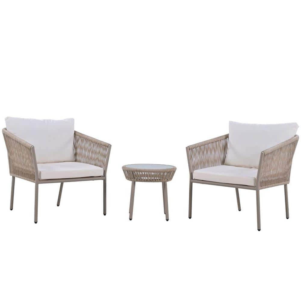 Woven Rope Outdoor 3 Piece Conversation Set In Most Recent Tunearary 3 Piece Plastic Beige Woven Rope Chair Set Patio Outdoor Bistro Conversation  Set With White Cushions T711hzp5ab – The Home Depot (Photo 7 of 15)