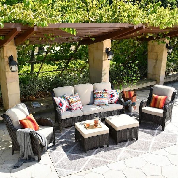 Xizzi Erie Lake Brown 5 Piece Wicker Outdoor Patio Conversation Seating Sofa  Set With Beige Cushions Ntc605hdbe – The Home Depot Intended For Well Known Balcony Furniture Set With Beige Cushions (View 7 of 15)