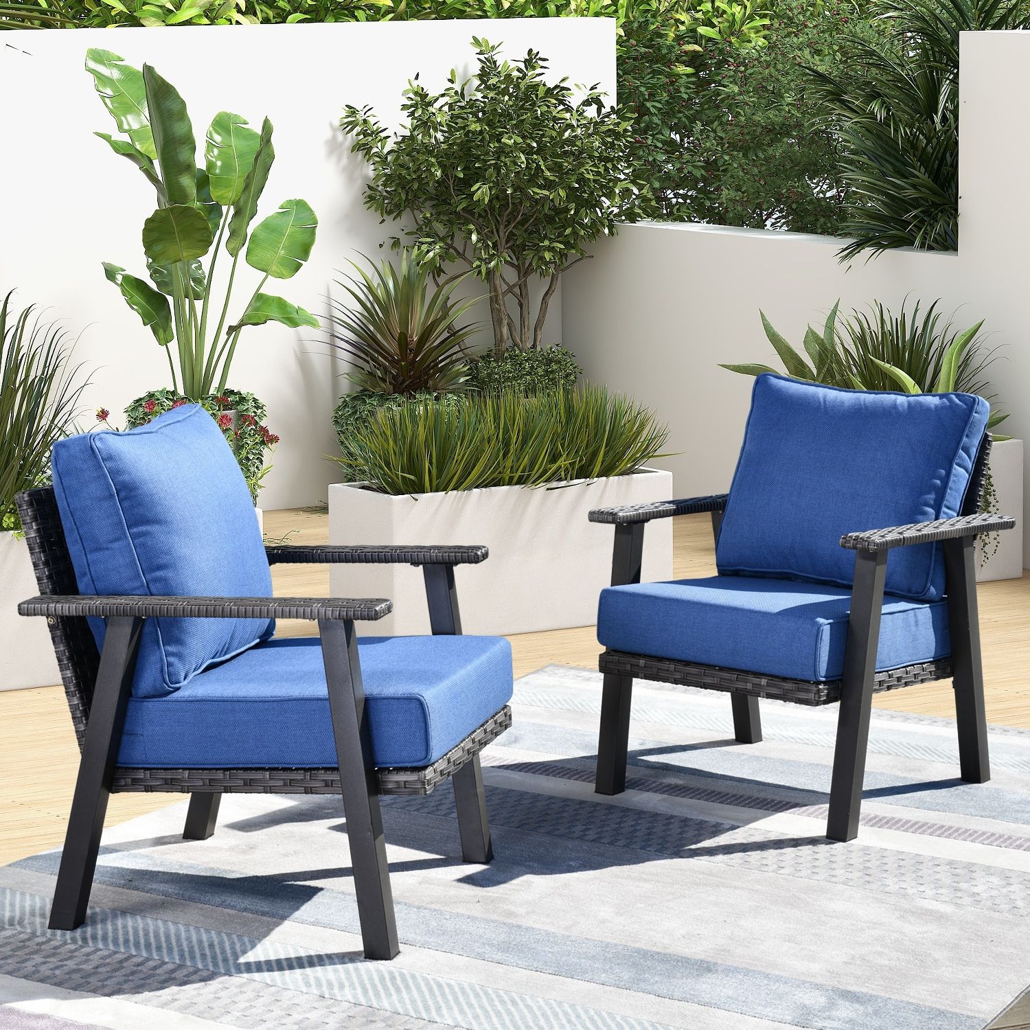 Xizzi Pisces Set Of 2 Wicker Blue Cushion Iron Frame Stationary Conversation  Chair(s) With Blue Cushioned Seat In The Patio Chairs Department At  Lowes With Regard To Popular Outdoor Stationary Chat Set (View 5 of 15)