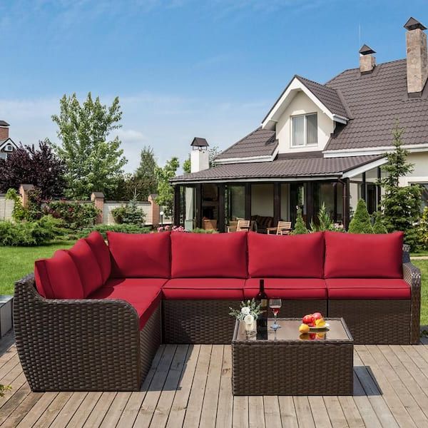 Zeus & Ruta 7 Pieces Red Wicker Outdoor Rattan Sectional Sofa All Weather  Patio Furniture Set With Red Cushion And Coffee Table Lh 832 – The Home  Depot Regarding Most Recent Outdoor Rattan Sectional Sofas With Coffee Table (View 3 of 15)