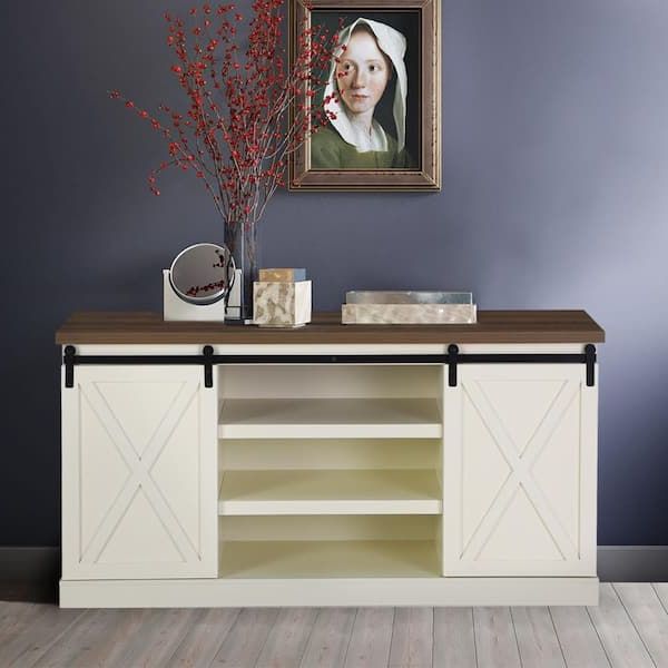 15.75 In. Ivory White Mdf Modern Buffet Sideboard With Sliding Double Barn  Door And Oak Color Table Top Thd If 532 – The Home Depot Pertaining To Newest Sideboards Double Barn Door Buffet (Photo 3 of 15)