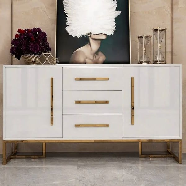 2019 Stovf Modern 47" White Buffet 2 Doors & 3 Drawers Kitchen Storage Sideboard  Cabinet Gold Homary Throughout 3 Drawers Sideboards Storage Cabinet (View 13 of 15)