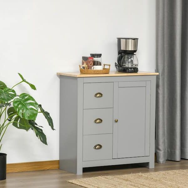 2020 Homcom Grey Floor Cabinet, Storage Sideboard With Rubberwood Top, 3 Drawers  838 187gy – The Home Depot For Sideboards With Rubberwood Top (View 7 of 15)
