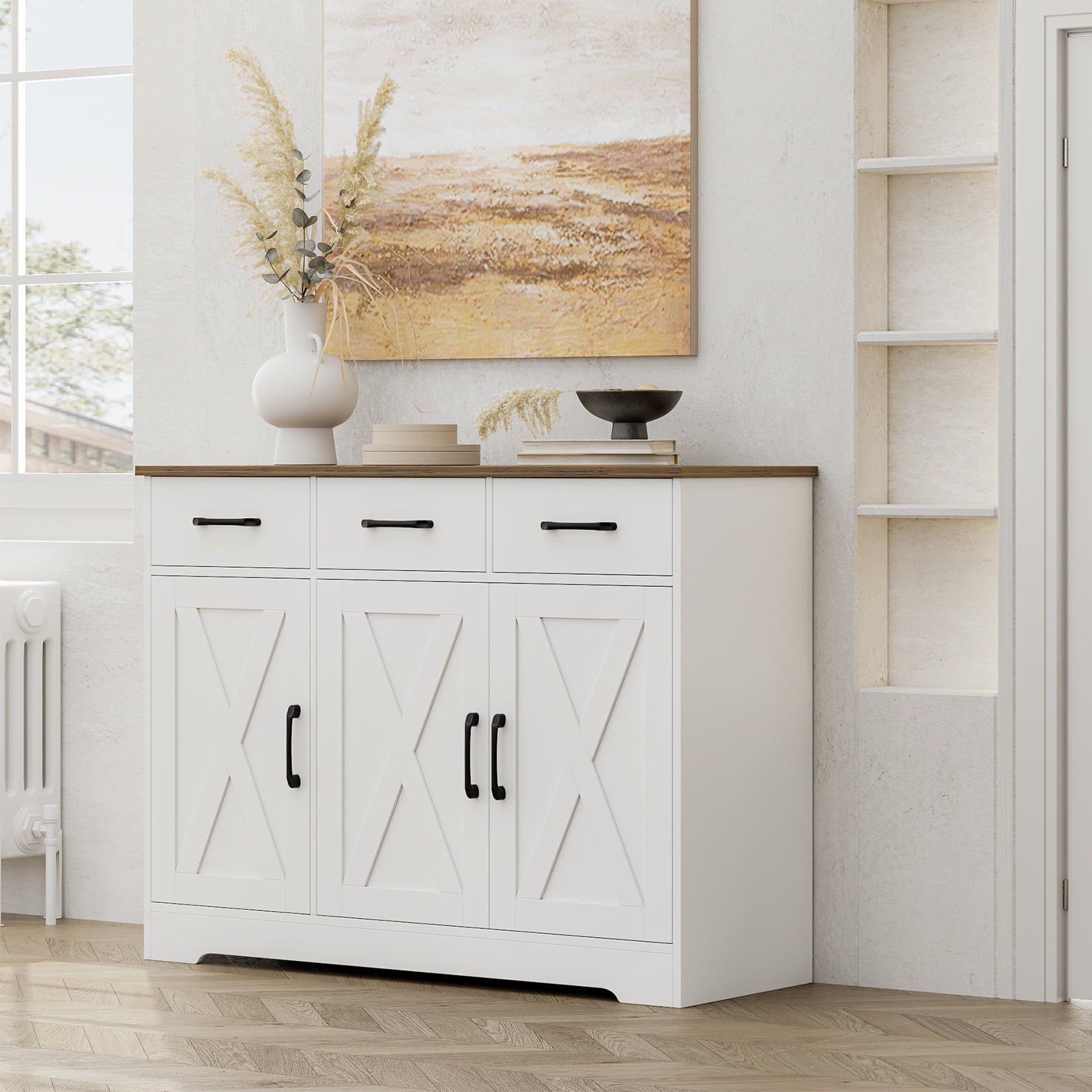 2020 Homfa 42.5'' Kitchen Buffet Sideboard Cabinet, 3 Drawers Farmhouse Coffee  Bar Storage Cabinet With Adjustable Shelf, White – Walmart Throughout 3 Drawers Sideboards Storage Cabinet (Photo 2 of 15)