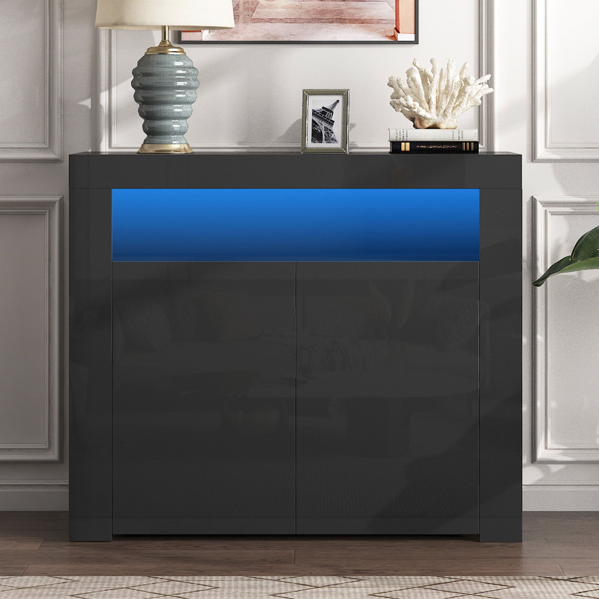 2020 Seventh Sideboard Buffet Cabinet, High Gloss Wood Sideboard Cupboard With Led  Lights And Shelves, Kitchen Storage Server Table With Open Space, Modern  Dining Room Sideboards And Buffets, Black – Walmart In Sideboards With Led Light (Photo 1 of 15)