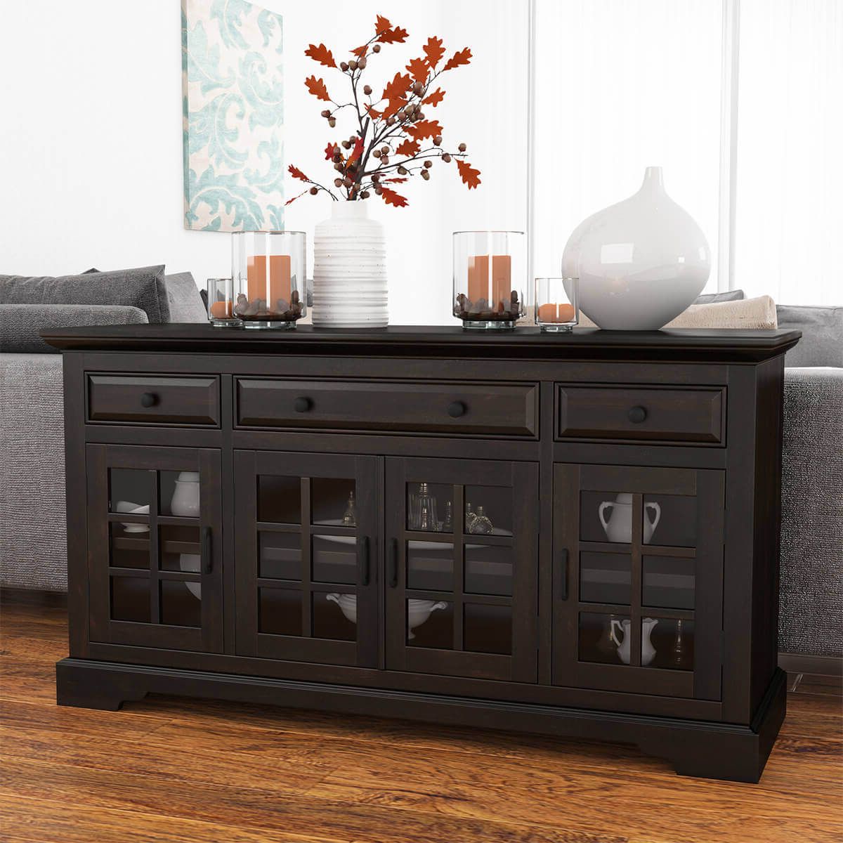2020 Sideboards With 3 Drawers With Tirana Rustic Solid Wood Glass Door 3 Drawer Large Sideboard Cabinet (Photo 6 of 15)