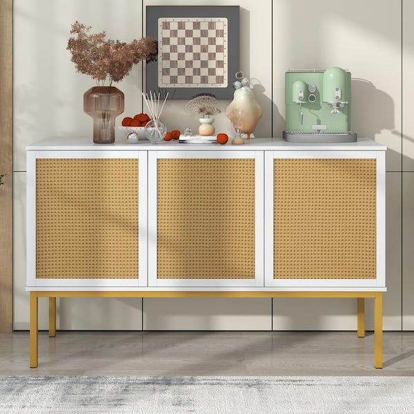 2020 Sideboards With Adjustable Shelves Throughout Harper & Bright Designs White Mdf 53.9 In. Sideboard With Adjustable Shelves  And 3 Rattan Doors Xw080aak – The Home Depot (Photo 5 of 15)