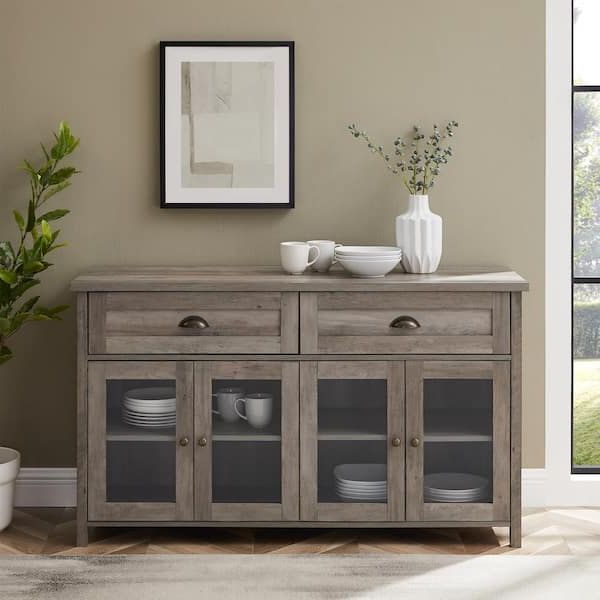 4 Door Sideboards For Most Recent Welwick Designs Grey Wash Wood And Glass Transitional Farmhouse 4 Door  Sideboard With 2 Drawers Hd8976 – The Home Depot (View 12 of 15)