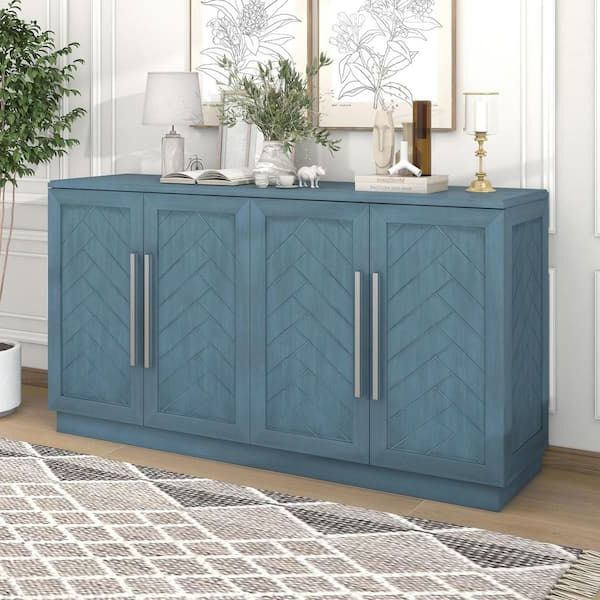 Antique Blue Wood 60 In. 4 Doors Sideboard Buffet Cabinet With Adjustable  Shelves And Large Storage Space Fy Xw000013aam – The Home Depot Inside Preferred Antique Storage Sideboards With Doors (Photo 15 of 15)