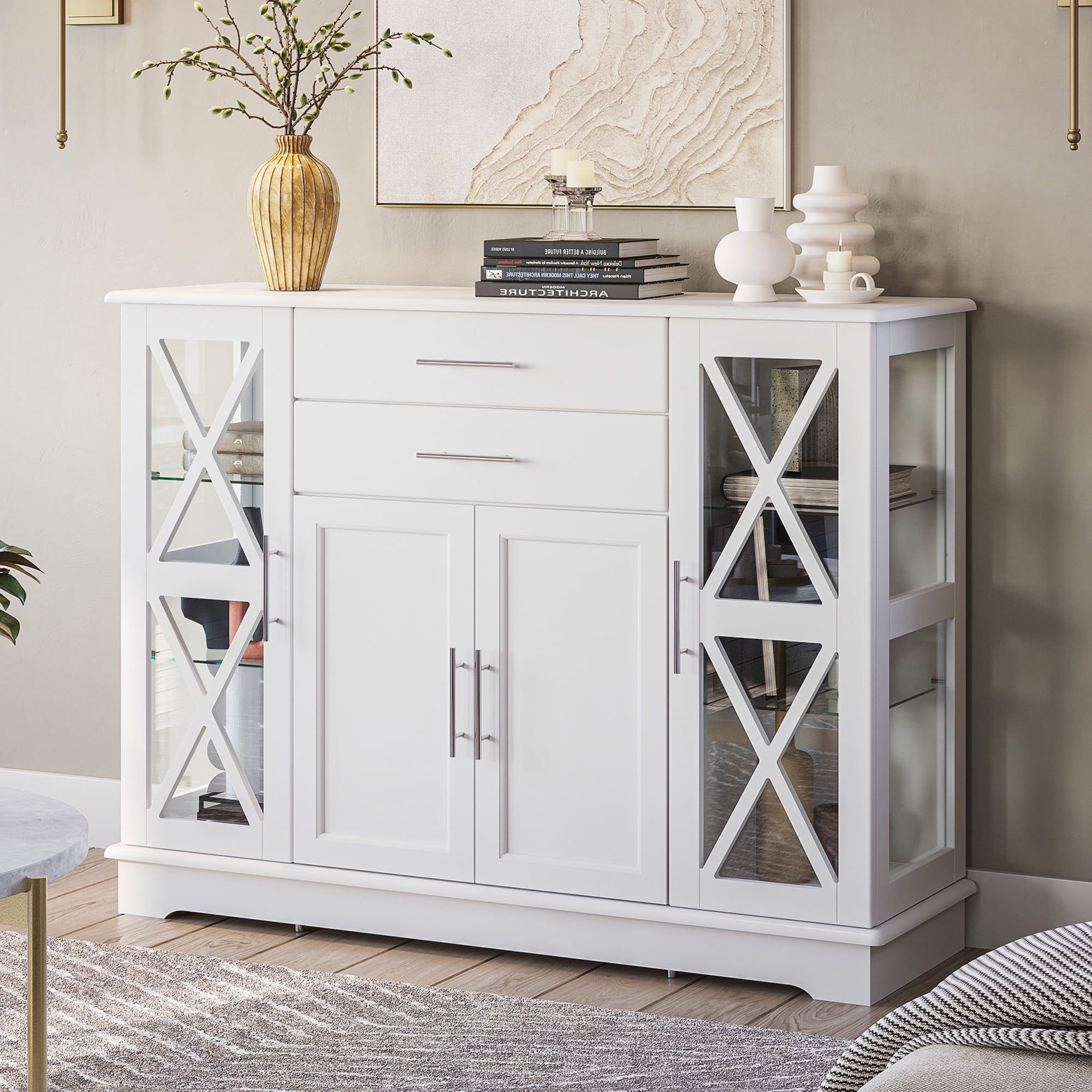 Antique Storage Sideboards With Doors With Regard To Most Recent Belleze Ryland 47" Wood Storage Sideboard Buffet Cabinet Console Table,  White – Walmart (View 13 of 15)