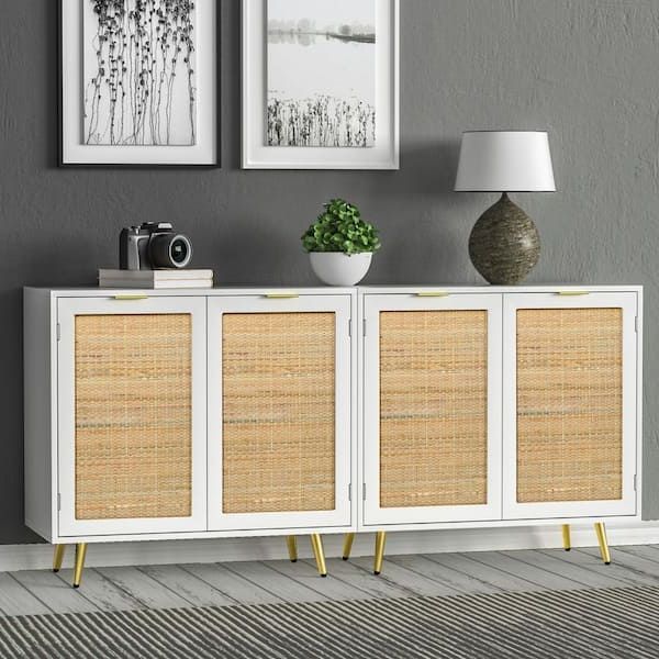 Aupodin Rattan White Accent Cabinet Free Standing Sideboard Buffet Storage  Cabinet With Doors H0059 – The Home Depot With Most Popular Rattan Buffet Tables (View 6 of 15)