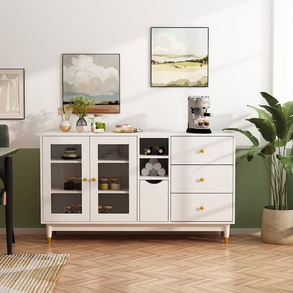 Best And Newest 3 Drawers Sideboards Storage Cabinet Intended For Fufu&gaga White Wooden 55.1 In. Width, Sideboard, Accent Storage Cabinet  With 3 Drawers, 1 Door & 6 Shelves Lbb Kf020259 02 C – The Home Depot (Photo 10 of 15)
