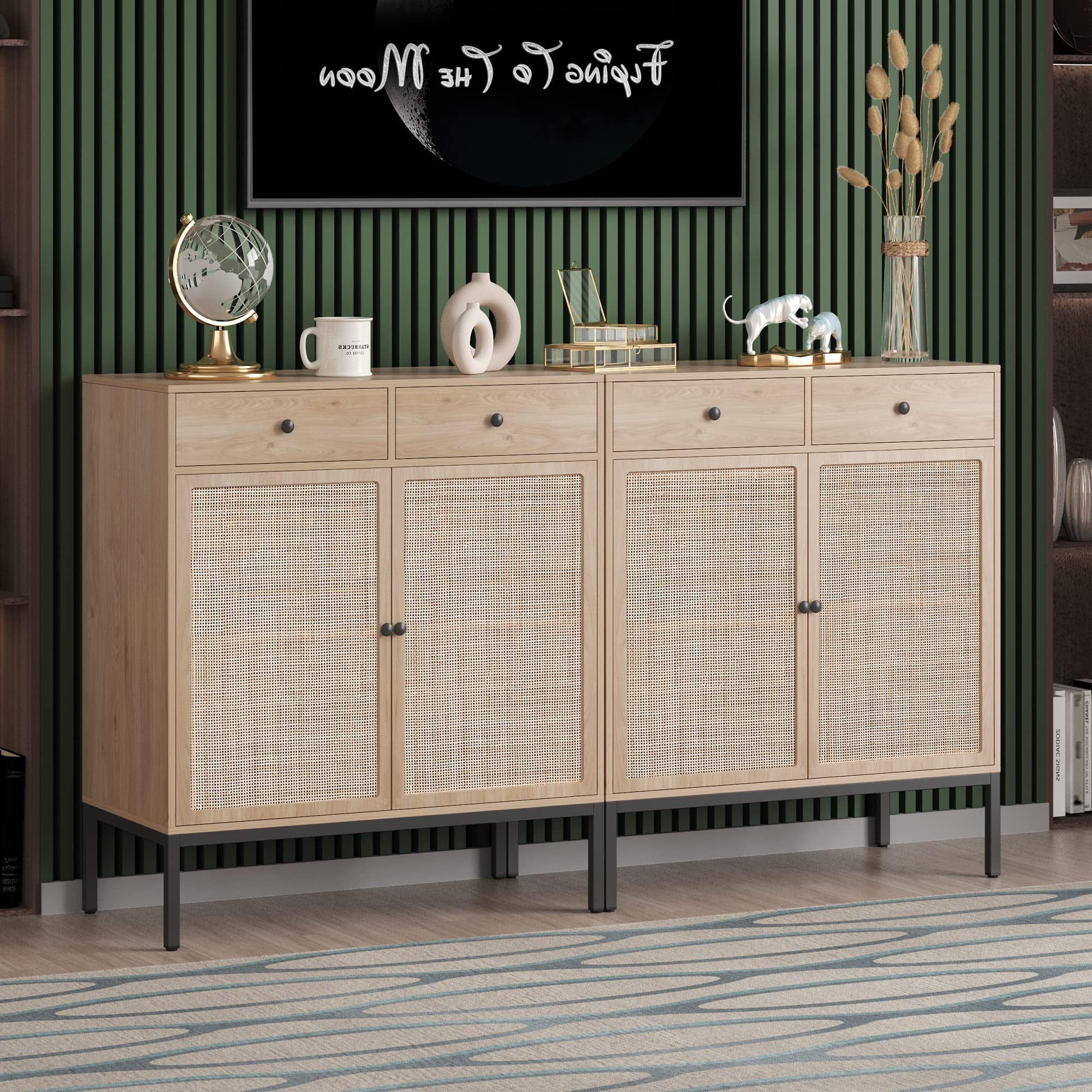 Buffet Sideboard Cabinets With Handmade Natural Rectangle Rattan Doors Set  Of 2, Accent Oak Color Entryway Chest Console Table With Storage Cabinet  For Dining Room, Living Room, Kitchen – Walmart For Most Up To Date Rattan Buffet Tables (View 2 of 15)