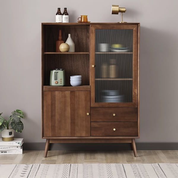 Casti Walnut Sideboard Cabinet Glass Door With Drawers & Adjustable Shelves  Pine Wood Homary In Trendy Sideboards With Adjustable Shelves (Photo 12 of 15)
