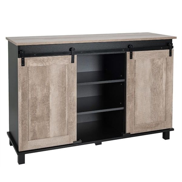 Costway Oak Kitchen Buffet Storage Cabinet Sideboard With Sliding Barn Doors  Adjustable Shelf Jv10217cf – The Home Depot Intended For Current Sideboards Double Barn Door Buffet (View 12 of 15)