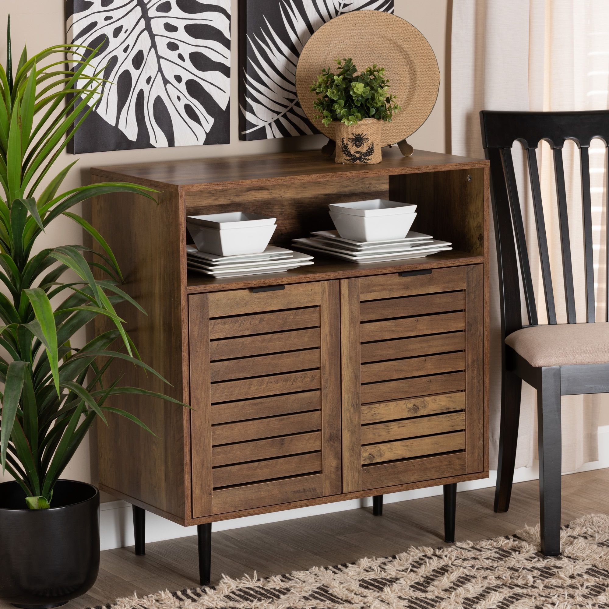 Current Baylah Mid Century Modern Natural Brown Finished Wood And Black Metal  2 Door Sideboard – On Sale – Bed Bath & Beyond – 37161065 With Regard To Brown Finished Wood Sideboards (View 2 of 15)