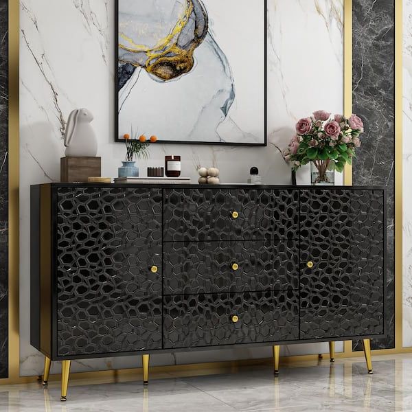 Current Sideboard Storage Cabinet With 3 Drawers & 3 Doors With Regard To Fufu&gaga Black Wooden 55.1 In. Width, Sideboard, Storage Cabinet, Dresser,  Chest Of Drawers With 2 Doors, 3 Drawers & 4 Shelves Lbb Kf260074 01 C1 –  The Home Depot (Photo 4 of 15)