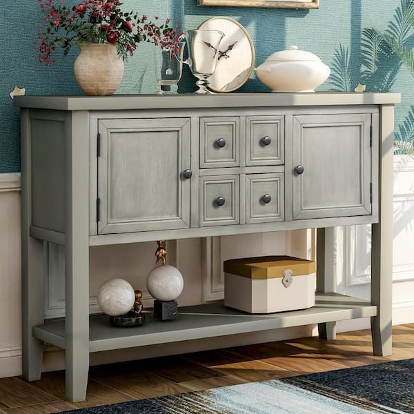 Entry Console Sideboards Inside Most Current Anbazar 47 In. Grey Antique Console Table With Bottom Shelf Sideboard Buffet  With 2 Cabinets And 2 Drawers For Entryway Kz 020 E – The Home Depot (Photo 4 of 15)