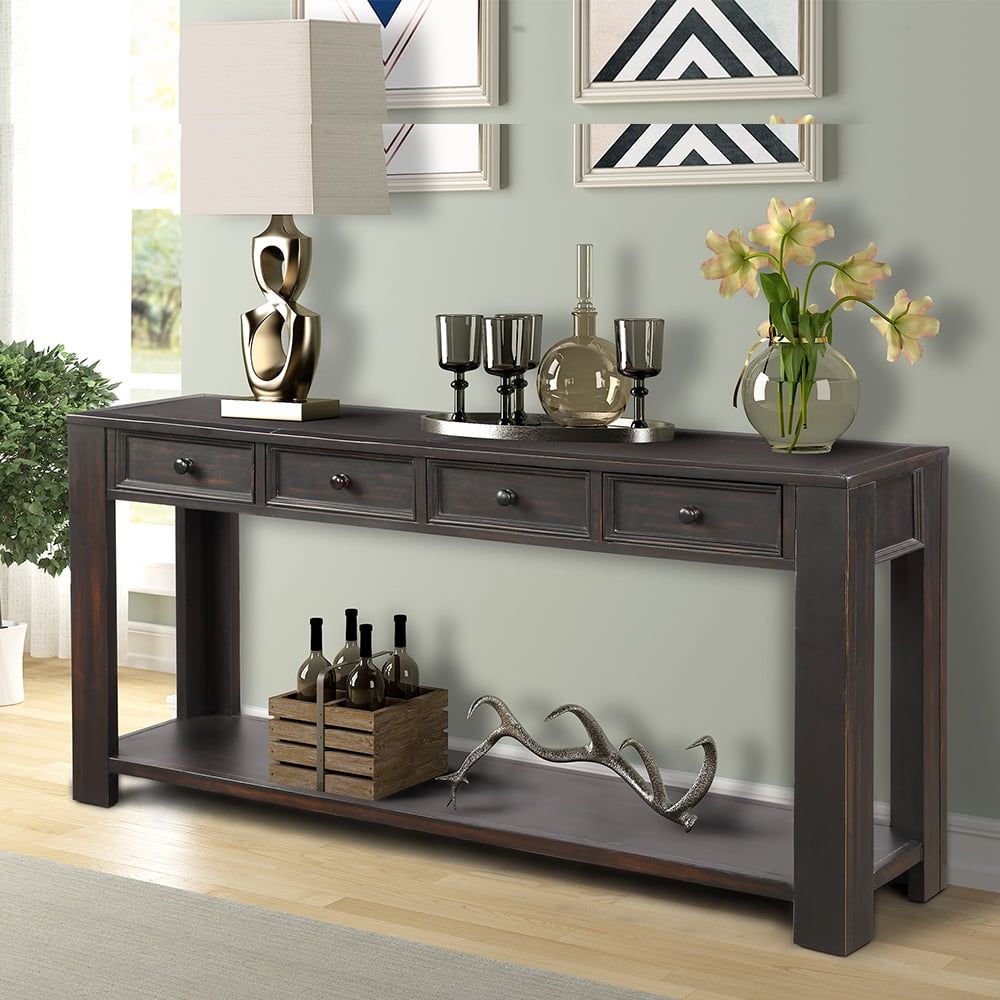 Entry Console Sideboards Pertaining To 2019 Buffet Cabinet Sideboard Console Table For Entryway, Kitchen Storage  Cabinet With 4 Drawers, Bottom Shelf, Home Furniture Console Table, Upgrade  Solid Wood Frame & Legs, 64" X 15" X 30", Black, Q7133 – (View 3 of 15)