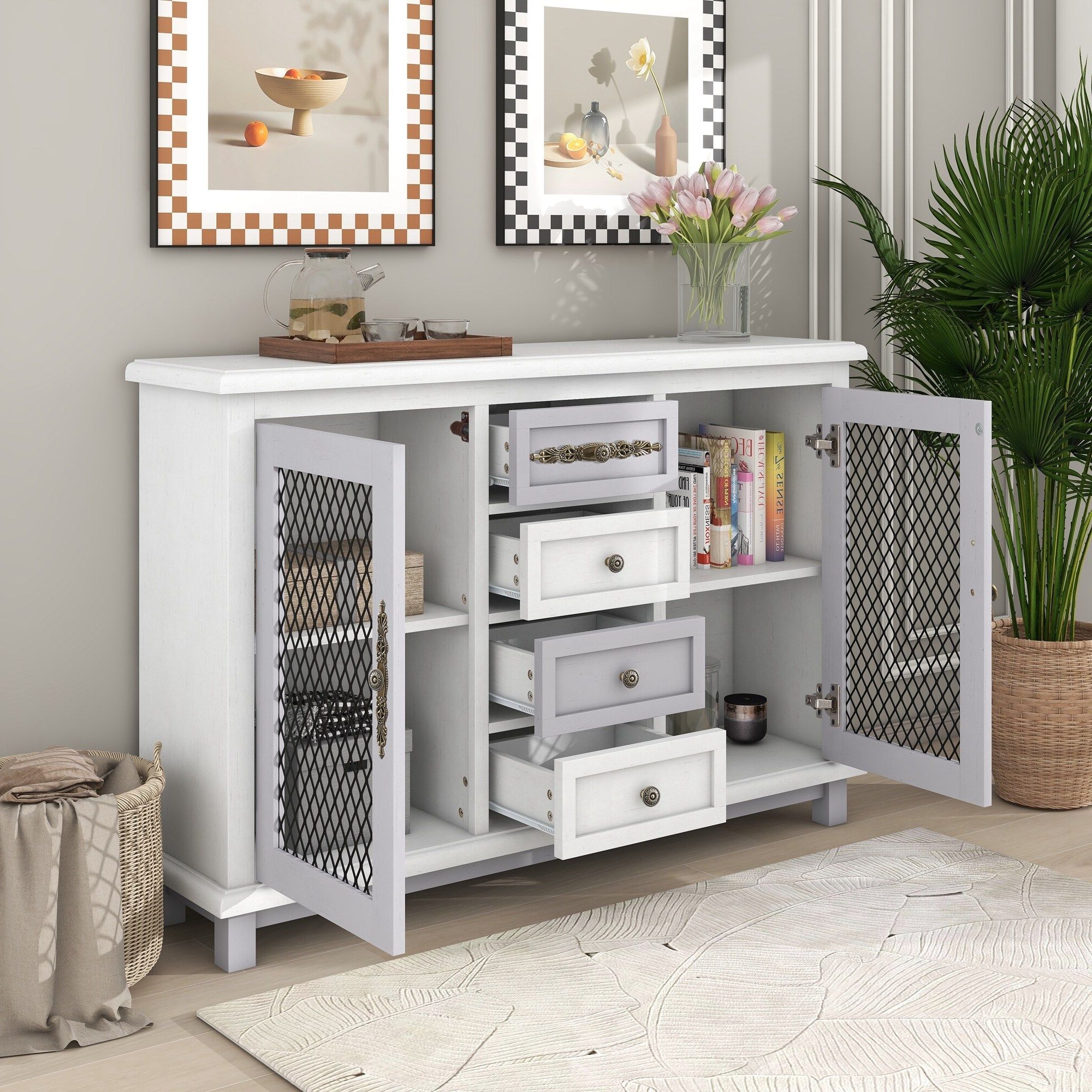 Famous Living Room Buffet Cabinet With 4 Drawers And 2 Iron Mesh Doors – Bed Bath  & Beyond – 38460077 Within Sideboards With Breathable Mesh Doors (View 2 of 15)