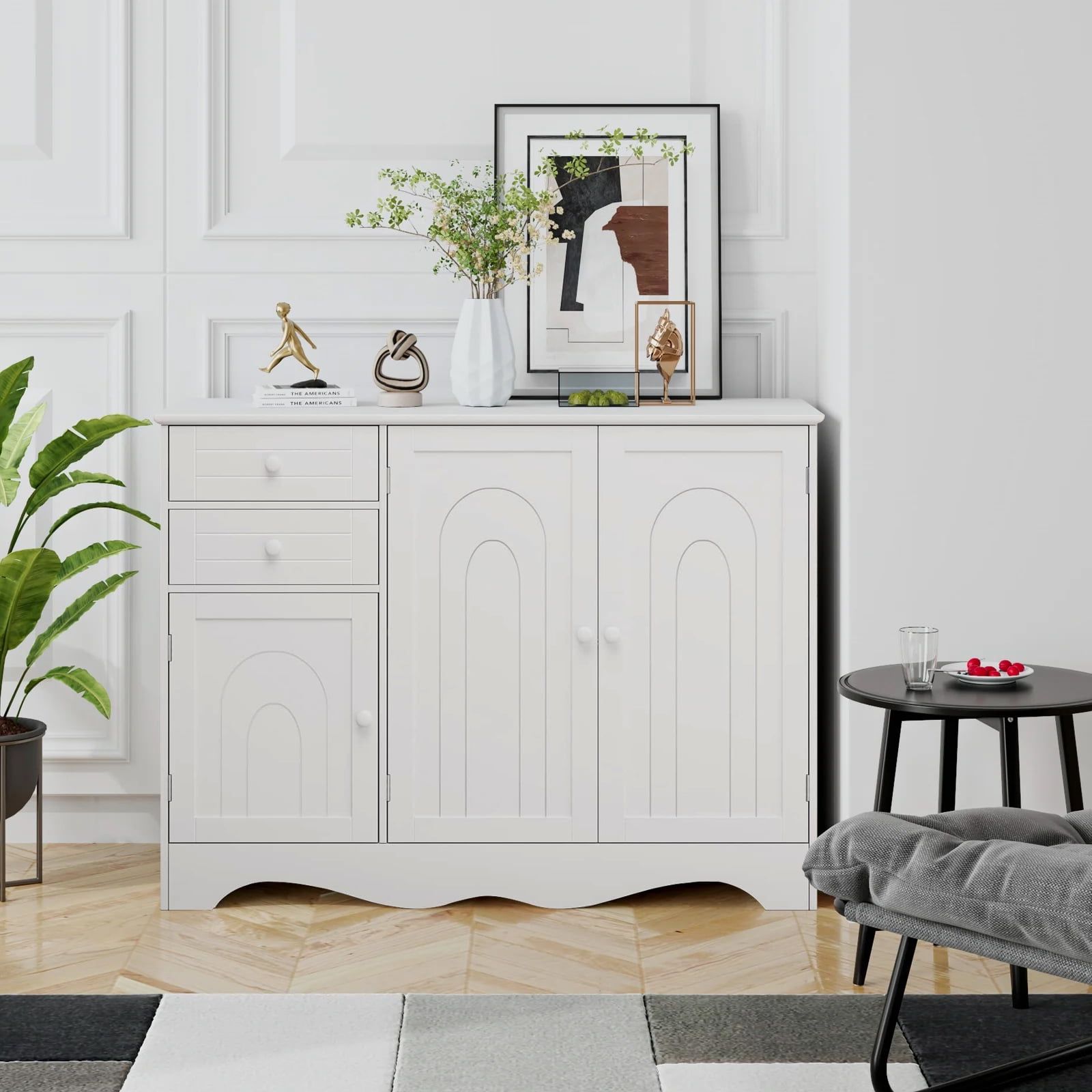 Famous Sideboard Storage Cabinet With 3 Drawers & 3 Doors Inside Homfa Kitchen Storage Cabinet, White Buffet Server Cupboard, Floor Sideboard  Cabinet With 3 Doors And 2 Drawers For Living Room – Walmart (View 6 of 15)