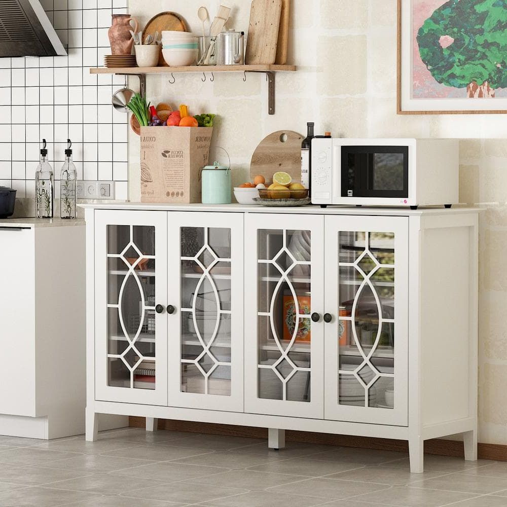 Fashionable Fufu&gaga Modern White Wood Buffet Sideboard With Storage Cabinet, Glass  Doors, And Adjustable Shelves For Kitchen Dining Room Kf330001 01 – The  Home Depot Pertaining To Storage Cabinet Sideboards (Photo 8 of 15)