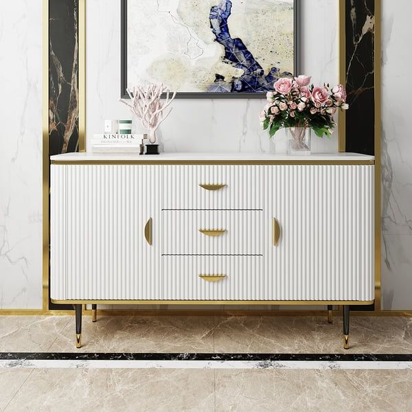 Fashionable Sideboards With 3 Drawers With Regard To 59" Modern White Sideboard With 3 Drawers & 2 Doors And Faux Marble Top In  Large Homary (View 10 of 15)