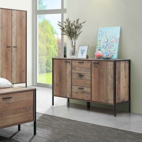 Fashionable Stretton Sideboard 2 Doors 3 Drawers Storage Cabinet Cupboard Rustic  Industrial Regarding Sideboard Storage Cabinet With 3 Drawers & 3 Doors (View 10 of 15)