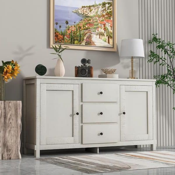Favorite Wide Buffet Cabinets For Dining Room Pertaining To Urtr Antique White Retro Buffet Sideboard Storage Cabinet With 2 Cabinets  And 3 Drawers, Large Storage Spaces For Dining Room T 01233 K – The Home  Depot (View 9 of 15)