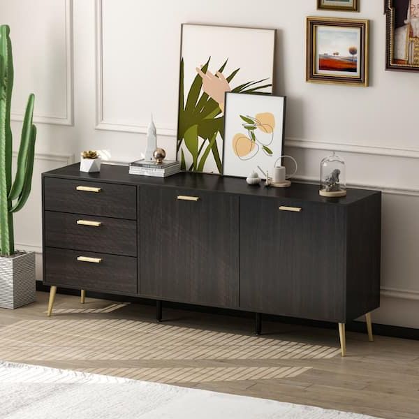 Fufu&gaga 69 In. Black Wood 2 Door And 3 Drawers Storage Accent Cabinet  With Metal Leg Storage Cupboard, Tv Stand Buffet Sideboard Tcht Kf200106 –  The Home Depot Within Trendy 3 Door Accent Cabinet Sideboards (Photo 10 of 15)